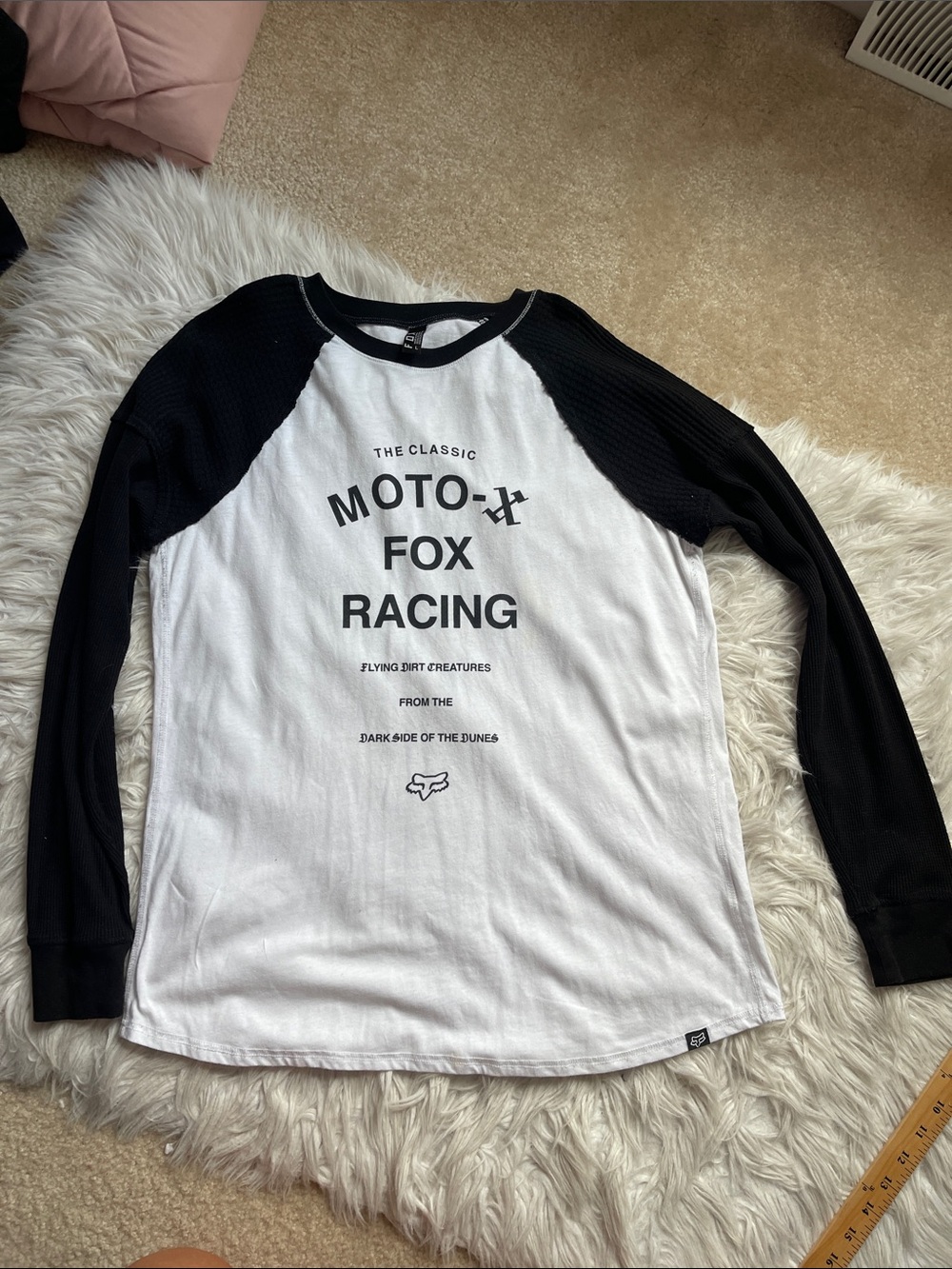 Fox Black & White Moto Racing Raglan Long Sleeve Tee